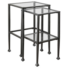 This two-piece nesting table set features sleek, modern design with clear tempered glass tops and shelves. The black powder-coated metal frame ensures durability and stability while enhancing the contemporary look of your living space. Perfect for compact