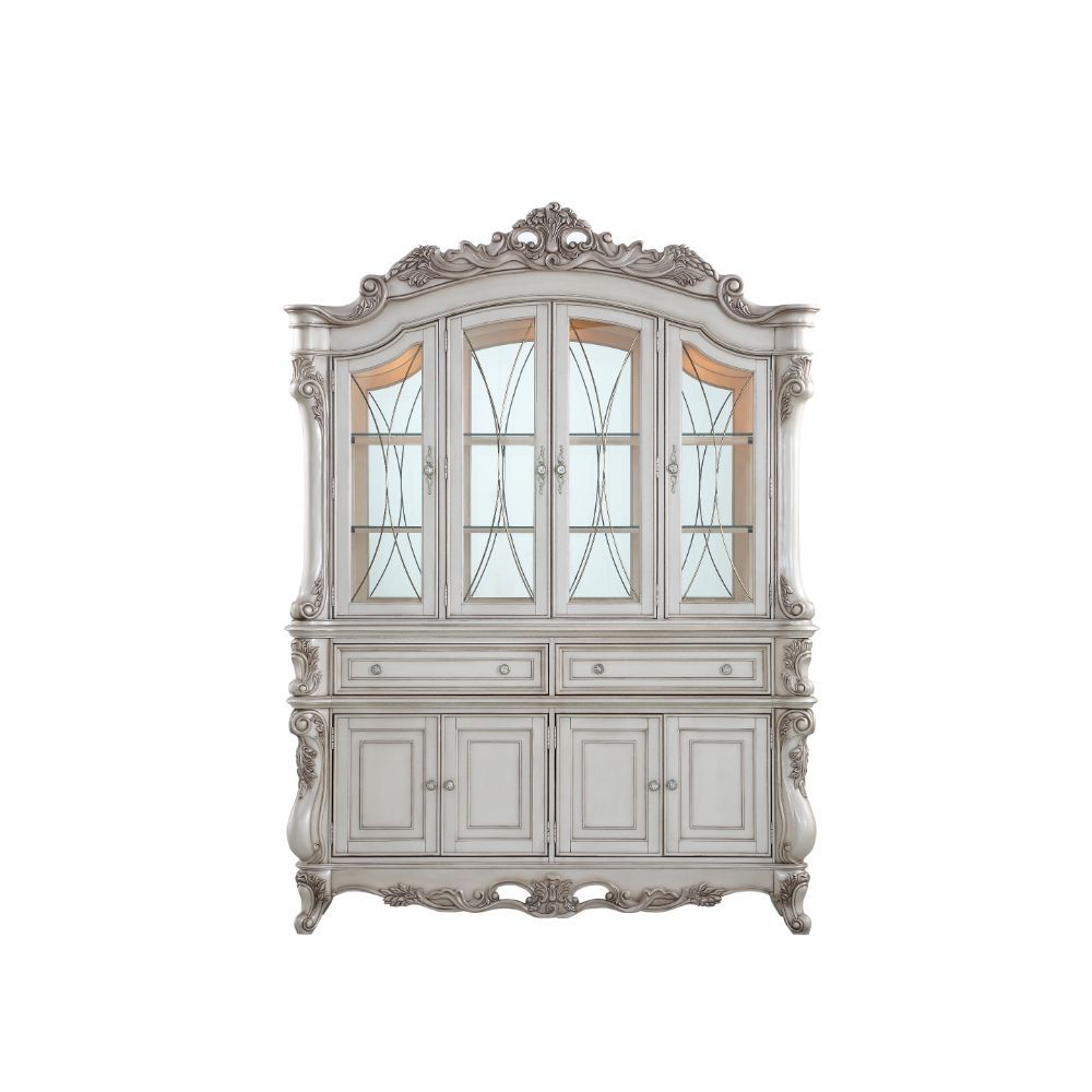 Exclusively designed and filled with romantic spirit, this hutch and buffet with oversized crown and antique champagne finish. This stylish and detailed collection is ideal for a large gathering and will add elegance to any dining room Decor.<br/><br/><b>