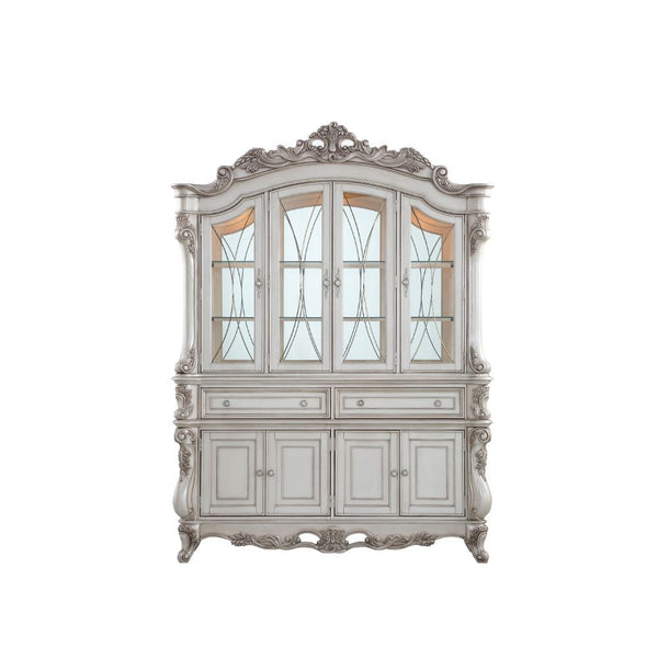 Exclusively designed and filled with romantic spirit, this hutch and buffet with oversized crown and antique champagne finish. This stylish and detailed collection is ideal for a large gathering and will add elegance to any dining room Decor.<br/><br/><b>