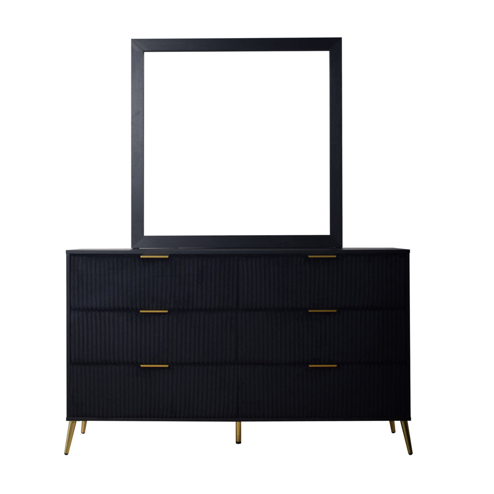 The Kailani Dresser Mirror in black is a stylish and eco-friendly addition to any bedroom, expertly crafted from a blend of solid rubberwood, engineered wood, and eco-friendly decorative laminate. This construction ensures long-lasting style and sustainab