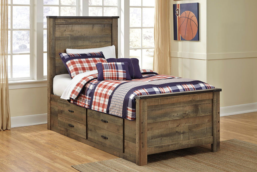 Whether she loves horses or he-'s a cowboy at heart, this twin panel bed with under bed storage matches their authenticity. Rustic finish, plank-style details and nailhead trim pay homage to reclaimed barn wood, making for a chic look loaded with charm. M
