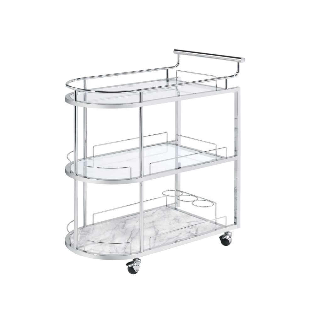 Oval Serving Cart3 Tier ShelfTempered Glass<br/><br/><b>Product Features</b><ul><li>Oval Serving Cart</li><li>3 Tier Shelf</li><li>Tempered Glass</li><li>Wheels Included</li><li>Chrome Metal Frame</li><li>Case: 1Pc/1Ctn</li><li>Finish: Clear Glass & Chrom
