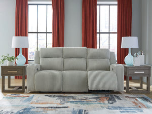  meet irresistible modern function. Your living room gets a cozy-cool upgrade with this power reclining sofa. Curl up in its ultra-chic corded upholstery and recline with one-touch controls. Is it movie night or game time? With ambient L
