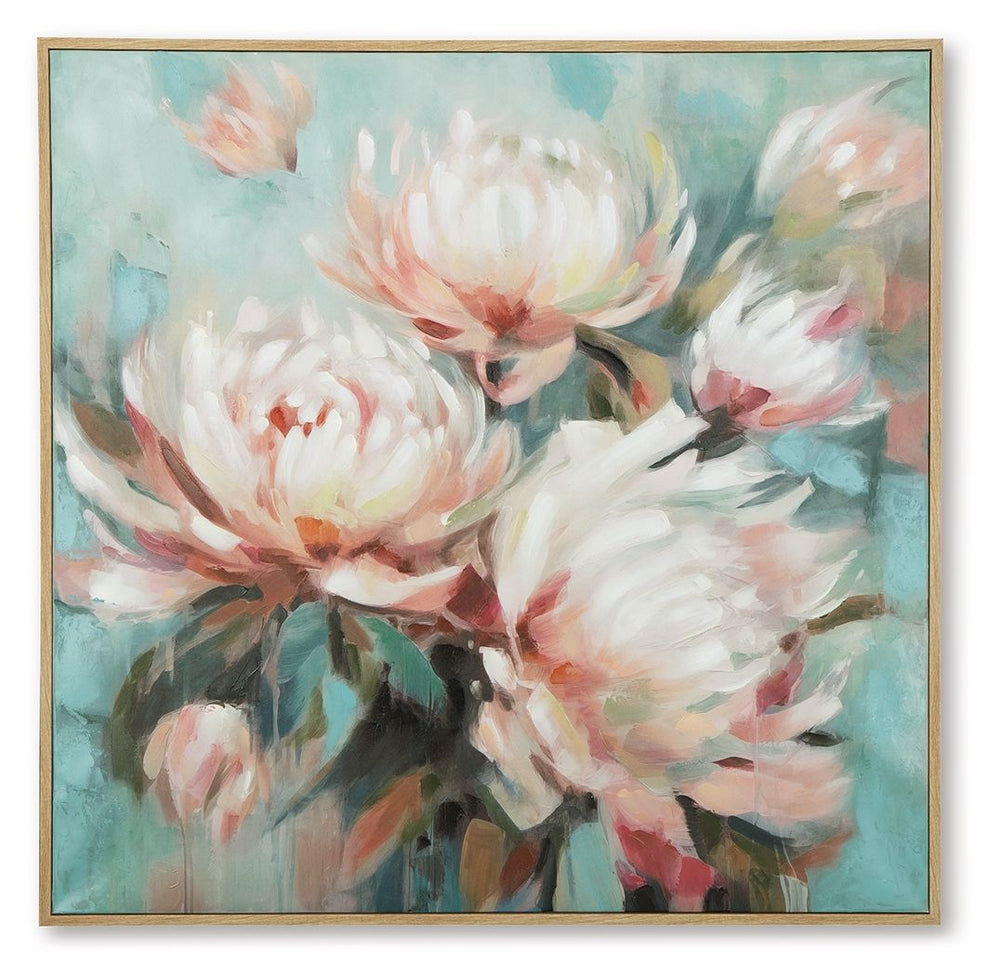 Style is blooming in this wall art. Graceful in presence, its pink florals dance across an aqua blue backgroundâ€”making it perfect for adding a touch of soft serenity to a bedroom or living room. And this detailed design is hand-painted, making each piec