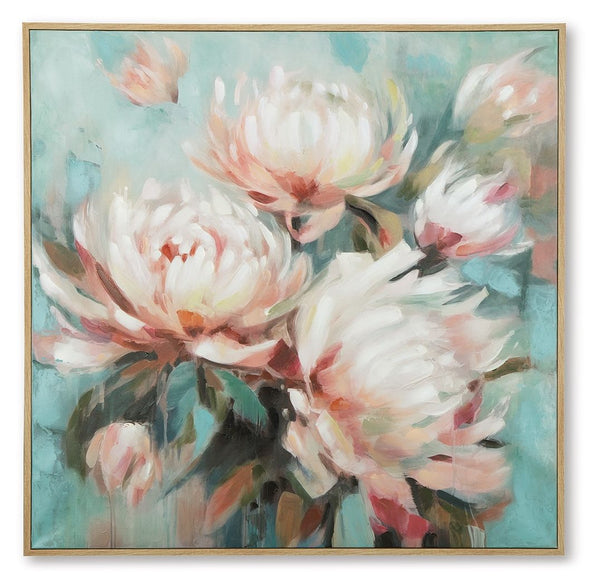 Style is blooming in this wall art. Graceful in presence, its pink florals dance across an aqua blue backgroundâ€”making it perfect for adding a touch of soft serenity to a bedroom or living room. And this detailed design is hand-painted, making each piec