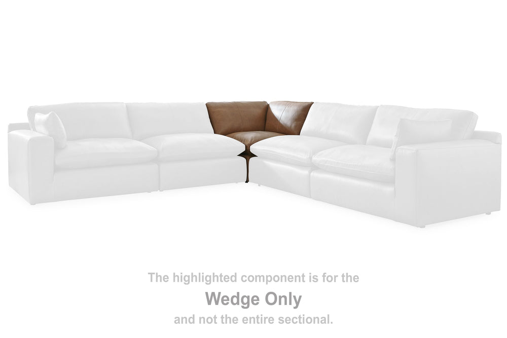 This wedge is made with a combination of 100% top grain leather and faux leather upholstery. Fully finished on all sides, it pairs with other items in the series to make a modular sectional.<br><br><b>Additional Dimensions</b><br><ul><li>Seat height: 20-"