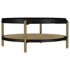 This round coffee table combines modern design with rustic charm, perfect for todayâ€™s living spaces. Crafted with Asian hardwood, engineered wood, and ash veneer, its smooth finish highlights the natural wood grain for an organic appeal. The lower shelf