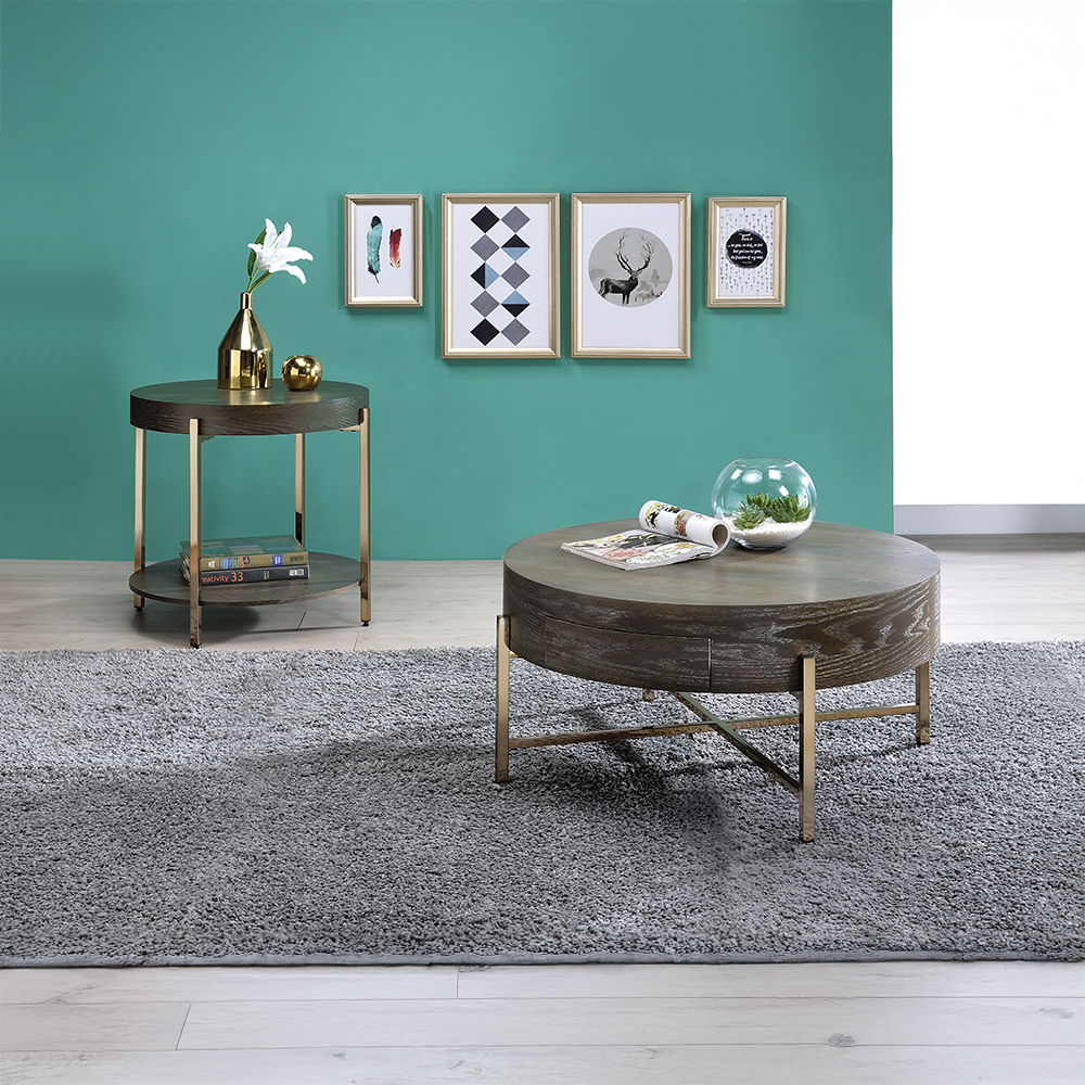 KD, Drum End Table â€¢ Storage: Open Compartment (Round Fixed Wooden Shelf) â€¢ Includes: Wooden Top/Shelf, Metal -"X-" Shape Base â€¢â€¢ CONSTRUCTION â€¢â€¢ TOP) Wooden Top/Shelf: Dark Oak finish, Wood Veneer (Oak), Bentwood, MDF, Top Size: 3-" Thick â€¢