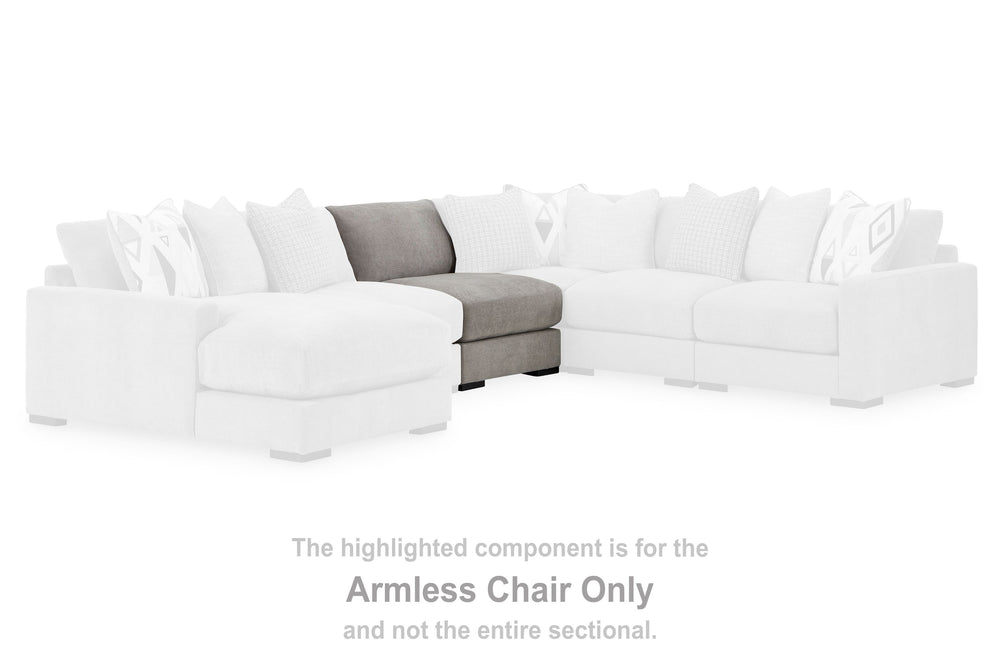 This armless chair is made with polyester upholstery. Fully finished on all sides, it pairs with other items in the series to make a modular sectional.<br><br><b>Additional Dimensions</b><br><ul><li>Seat depth: 27-"</li><li>Seat height: 21-"</li><li>Top o