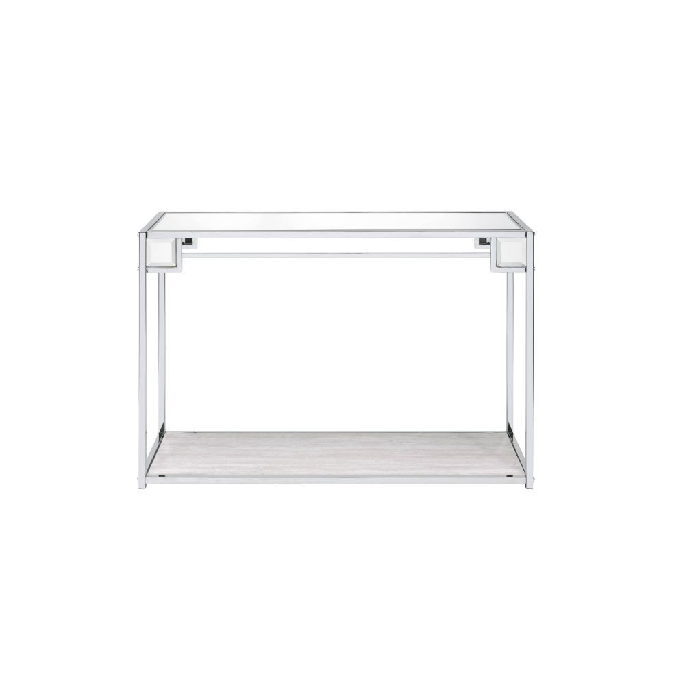 KD, Rectangular Console Table Storage: Open Compartment (1 Wooden Shelf, Fixed) Mirrored Top Metal Frame with Square-Straight Leg (Open Frame) CONSTRUCTION] MIRRORED TOP: 5mm Thick Wooden Shelf: Paper Veneer, PB Metal Frame & Square Leg: Chrome finish (Pl
