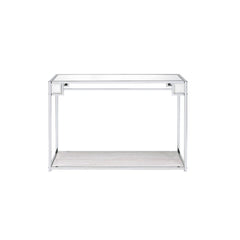 KD, Rectangular Console Table Storage: Open Compartment (1 Wooden Shelf, Fixed) Mirrored Top Metal Frame with Square-Straight Leg (Open Frame) CONSTRUCTION] MIRRORED TOP: 5mm Thick Wooden Shelf: Paper Veneer, PB Metal Frame & Square Leg: Chrome finish (Pl