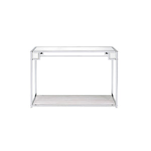 KD, Rectangular Console Table Storage: Open Compartment (1 Wooden Shelf, Fixed) Mirrored Top Metal Frame with Square-Straight Leg (Open Frame) CONSTRUCTION] MIRRORED TOP: 5mm Thick Wooden Shelf: Paper Veneer, PB Metal Frame & Square Leg: Chrome finish (Pl