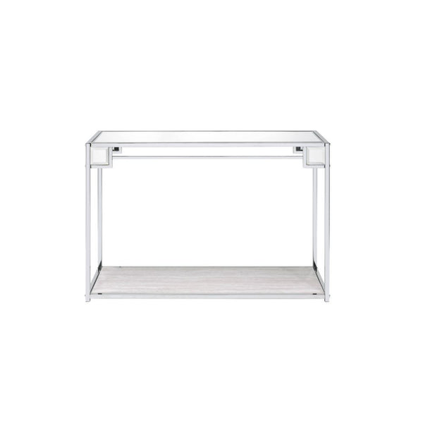KD, Rectangular Console Table Storage: Open Compartment (1 Wooden Shelf, Fixed) Mirrored Top Metal Frame with Square-Straight Leg (Open Frame) CONSTRUCTION] MIRRORED TOP: 5mm Thick Wooden Shelf: Paper Veneer, PB Metal Frame & Square Leg: Chrome finish (Pl