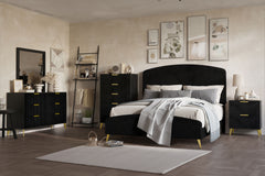 The Kailani 6 Piece Bedroom Set in black is a masterful combination of modern design, luxurious comfort, and sustainable craftsmanship, perfect for creating a sophisticated and inviting bedroom space. This set includes an upholstered panel bed, dresser, m