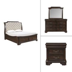 Uncover the Lyndhurst 4 pc bedroom set, a marvel of timeless design and enduring quality. This set features a stunning bed, 6-drawer dresser, mirror, and 2-drawer nightstand, all in rich walnut brown. Crafted from solid Acacia, Acacia veneers, and manufac