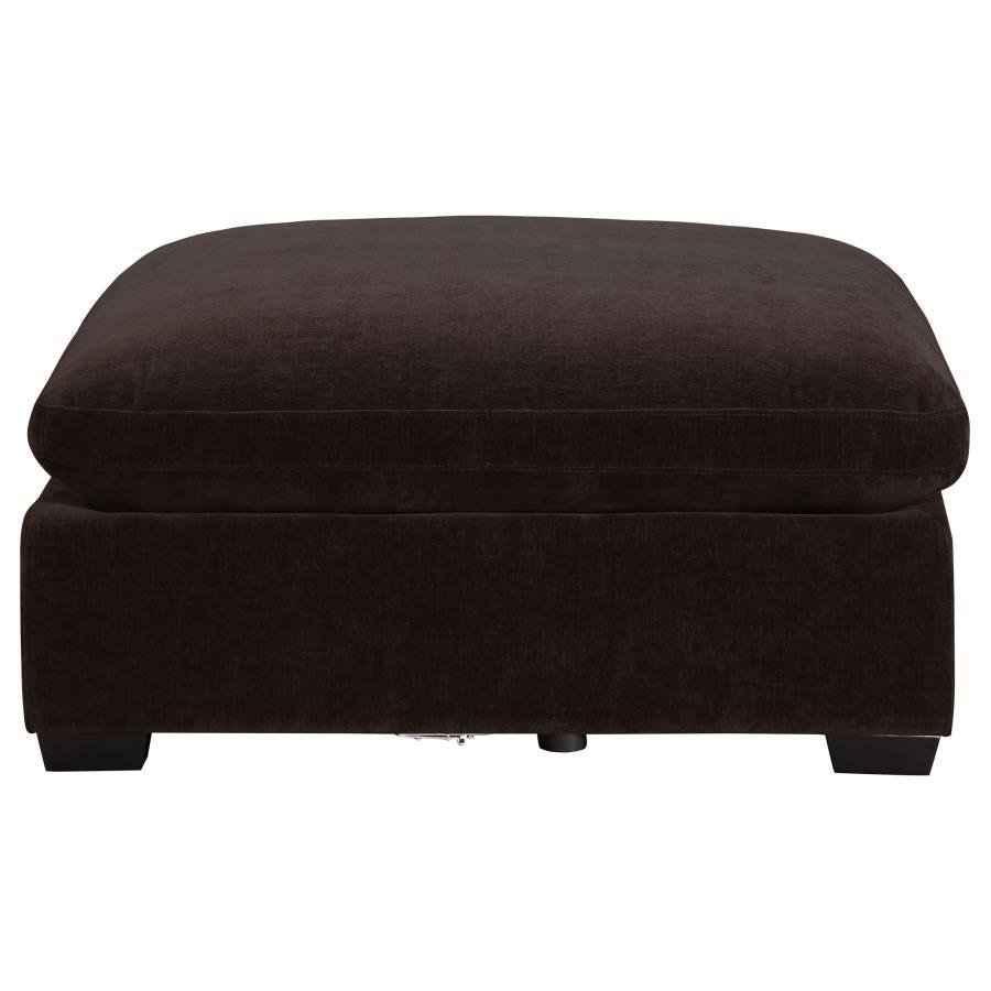 With the easy style of ultra-modern living, the ottoman delivers a streamlined motif with ultimate versatility. A classic layered design offers plush, plump aesthetics merged with a boxy, wood-constructed base. Smooth fabric upholstery covers wood framing