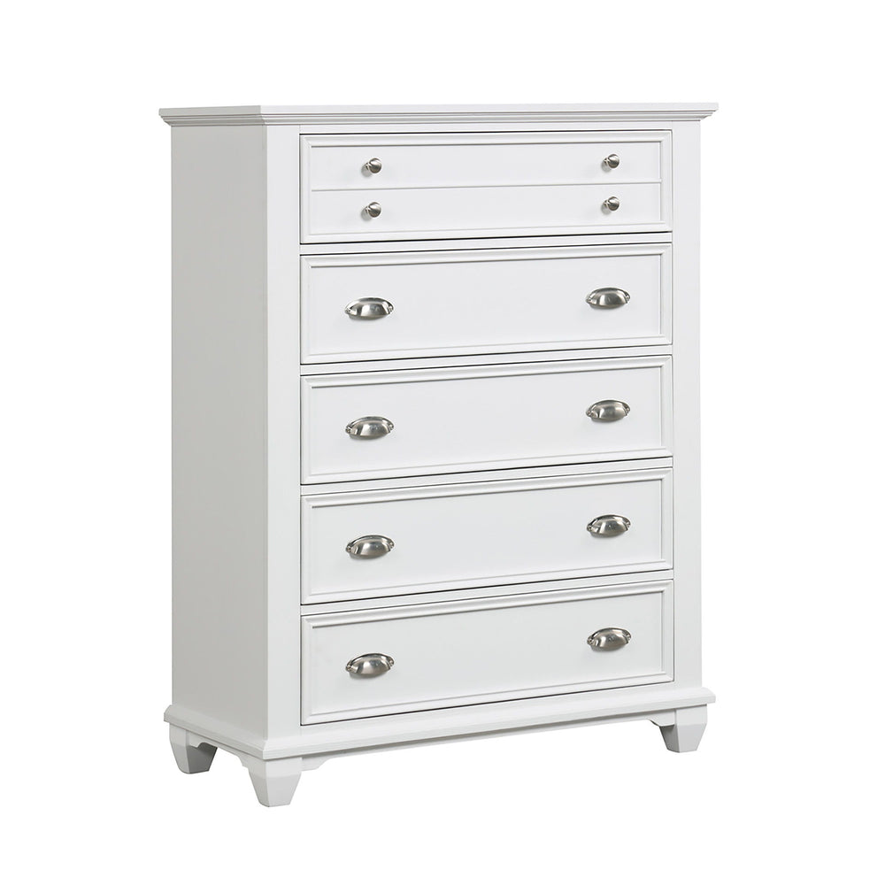 The Jamestown 5-Drawer Chest in White is a perfect blend of durability, style, and functionality, making it a valuable addition to any bedroom. Expertly crafted from solid Acacia, premium manufactured woods, and authentic Oak veneers, this chest is built 