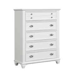 The Jamestown 5-Drawer Chest in White is a perfect blend of durability, style, and functionality, making it a valuable addition to any bedroom. Expertly crafted from solid Acacia, premium manufactured woods, and authentic Oak veneers, this chest is built 