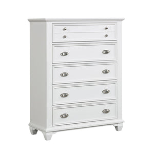 The Jamestown 5-Drawer Chest in White is a perfect blend of durability, style, and functionality, making it a valuable addition to any bedroom. Expertly crafted from solid Acacia, premium manufactured woods, and authentic Oak veneers, this chest is built 