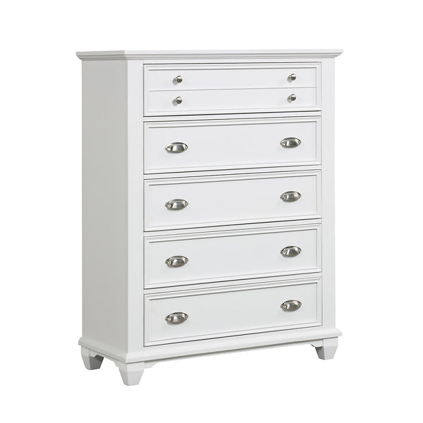 The Jamestown 5-Drawer Chest in White is a perfect blend of durability, style, and functionality, making it a valuable addition to any bedroom. Expertly crafted from solid Acacia, premium manufactured woods, and authentic Oak veneers, this chest is built 