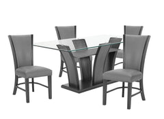 This sleek and modern dining group bridges form and function. The sculptural dining table has a sturdy base and the glass top allows views of the upholstered open shelf. Streamlined chairs and bench feature pewter finished wood and dark gray upholstery wi