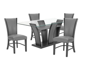 This sleek and modern dining group bridges form and function. The sculptural dining table has a sturdy base and the glass top allows views of the upholstered open shelf. Streamlined chairs and bench feature pewter finished wood and dark gray upholstery wi