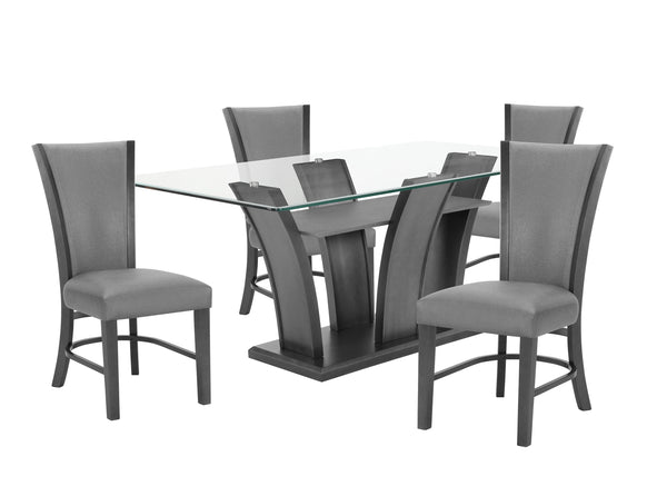 This sleek and modern dining group bridges form and function. The sculptural dining table has a sturdy base and the glass top allows views of the upholstered open shelf. Streamlined chairs and bench feature pewter finished wood and dark gray upholstery wi