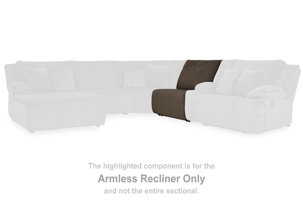 This armless recliner is made with polyester upholstery. Pairs with other items in the series to make a sectional.<br><br><b>Additional Dimensions</b><br><ul><li>Seat depth: 23-"</li><li>Seat height: 20-"</li><li>Fully reclined length: 66-"</li><li>Distan
