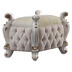 Rectangular Armless Stool (Backless) Stationary Seat Padded SEAT-BASE: Antique White Fabric Cushion w/Welt Trim (Pattern Top Seat & Solid Pattern Base) BACKLESS Oversized Scrolled Poster-Leg Armless<br/><br/><b>Product Features</b><ul><li>Case: 1Pc/1Ctn</