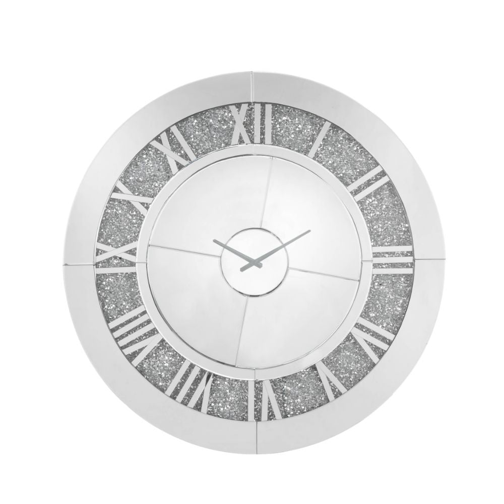 This Noralie round wall clock is covered in beveled mirrored panels that highlight its glamorous style. Featuring crushed acrylic faux diamonds that will naturally attract the eye. Durable engineered wood supports the frame. The clock face comes with a ti