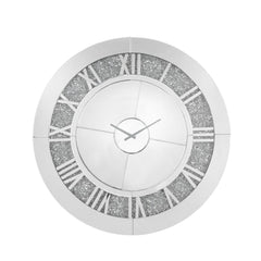 This Noralie round wall clock is covered in beveled mirrored panels that highlight its glamorous style. Featuring crushed acrylic faux diamonds that will naturally attract the eye. Durable engineered wood supports the frame. The clock face comes with a ti