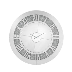 This Noralie round wall clock is covered in beveled mirrored panels that highlight its glamorous style. Featuring crushed acrylic faux diamonds that will naturally attract the eye. Durable engineered wood supports the frame. The clock face comes with a ti