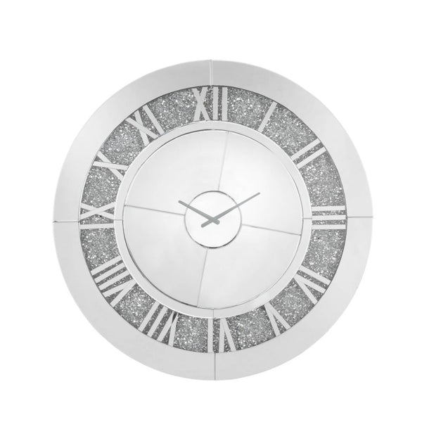 This Noralie round wall clock is covered in beveled mirrored panels that highlight its glamorous style. Featuring crushed acrylic faux diamonds that will naturally attract the eye. Durable engineered wood supports the frame. The clock face comes with a ti