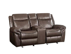 Cuddle up in this decadently plush Lydia sofa set. The set is upholstered in a warm and earthy brown leather-aire. Distinctive elements include wraparound padded armrests, along with a few hidden surprises. The richly styled reclining sofa features a drop