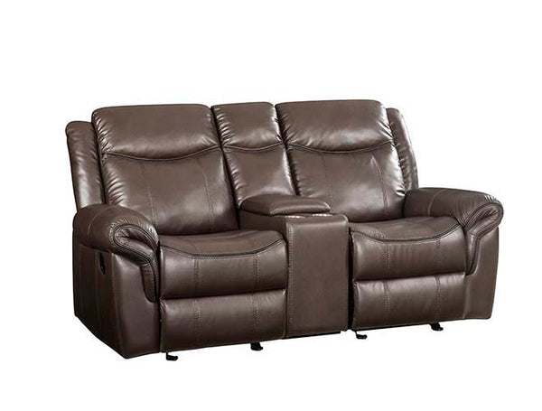 Cuddle up in this decadently plush Lydia sofa set. The set is upholstered in a warm and earthy brown leather-aire. Distinctive elements include wraparound padded armrests, along with a few hidden surprises. The richly styled reclining sofa features a drop