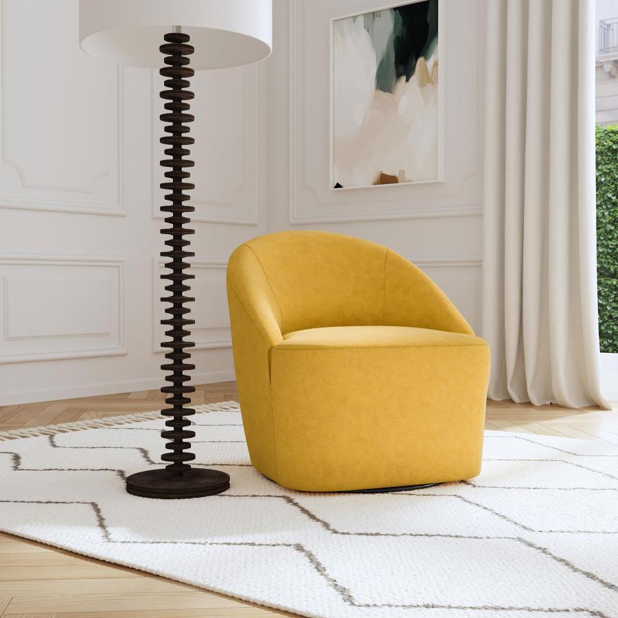 Upgrade your living room or den with the cozy, modern character of an upholstered accent chair. It swivels, encouraging conversation and offering versatility in a multifunctional living space. The chair is a take on a classic club silhouette, featuring a 