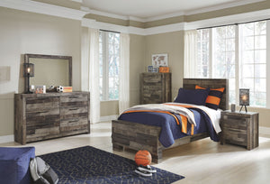 Rustic butcher block finish over replicated pine grain with authentic touch. Cases feature a framed front and pilasters. Bed features a thick and heavy design. Contemporary handles in an antiqued gunmetal finish. Side roller glides for smooth operating dr