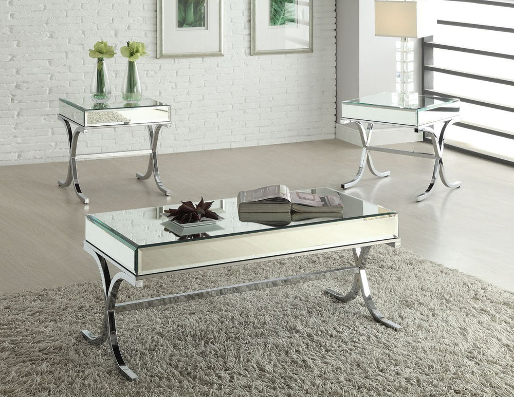 KD, Rectangular Table (No Storage) â€¢ Mirrored Top: 5mm Traditional Mirror Beveled 15mm w/18mm PB â€¢ Metal -"X-" Base: Chrome Finish, Metal Tube: 13/26mm, 25/25mm â€¢â€¢ Top: 5Pc 5mm Clear Mirror: 1060 x 508mm (1Pc), 1056 x 96mm (2Pc), 506 x 96mm (2pc)<