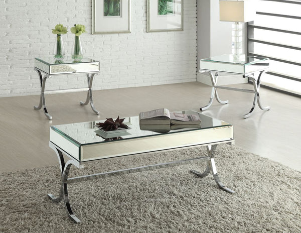 KD, Rectangular Table (No Storage) â€¢ Mirrored Top: 5mm Traditional Mirror Beveled 15mm w/18mm PB â€¢ Metal -"X-" Base: Chrome Finish, Metal Tube: 13/26mm, 25/25mm â€¢â€¢ Top: 5Pc 5mm Clear Mirror: 1060 x 508mm (1Pc), 1056 x 96mm (2Pc), 506 x 96mm (2pc)<