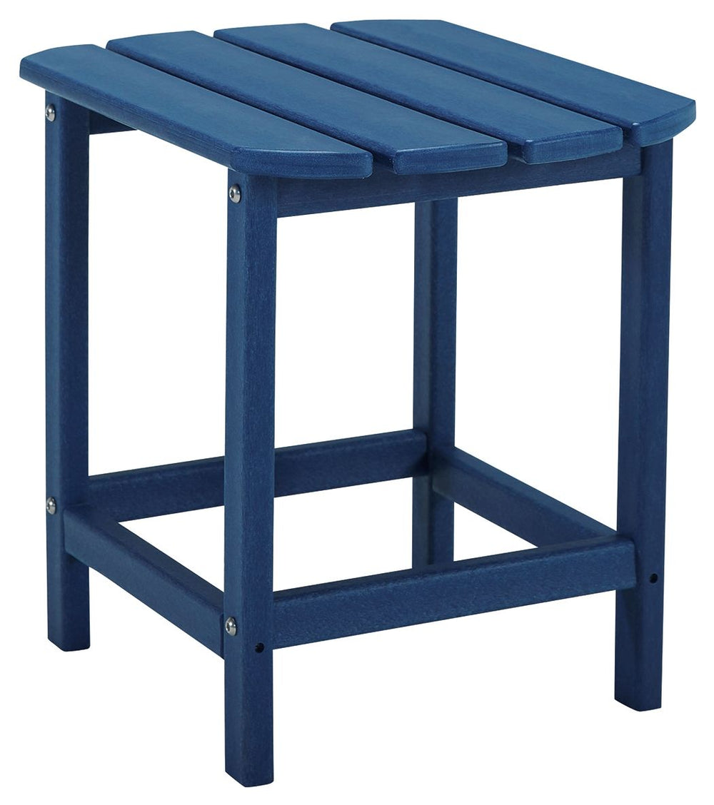 Add cottage-quaint charm to your outdoor oasis with this outdoor end table in blue. Made of MEGA-TUFFÂ® high-density polyethylene material, itâ€™s sure to weather the seasons beautifully. Designed to shed rainwater, the tableâ€™s slatted top with gently r