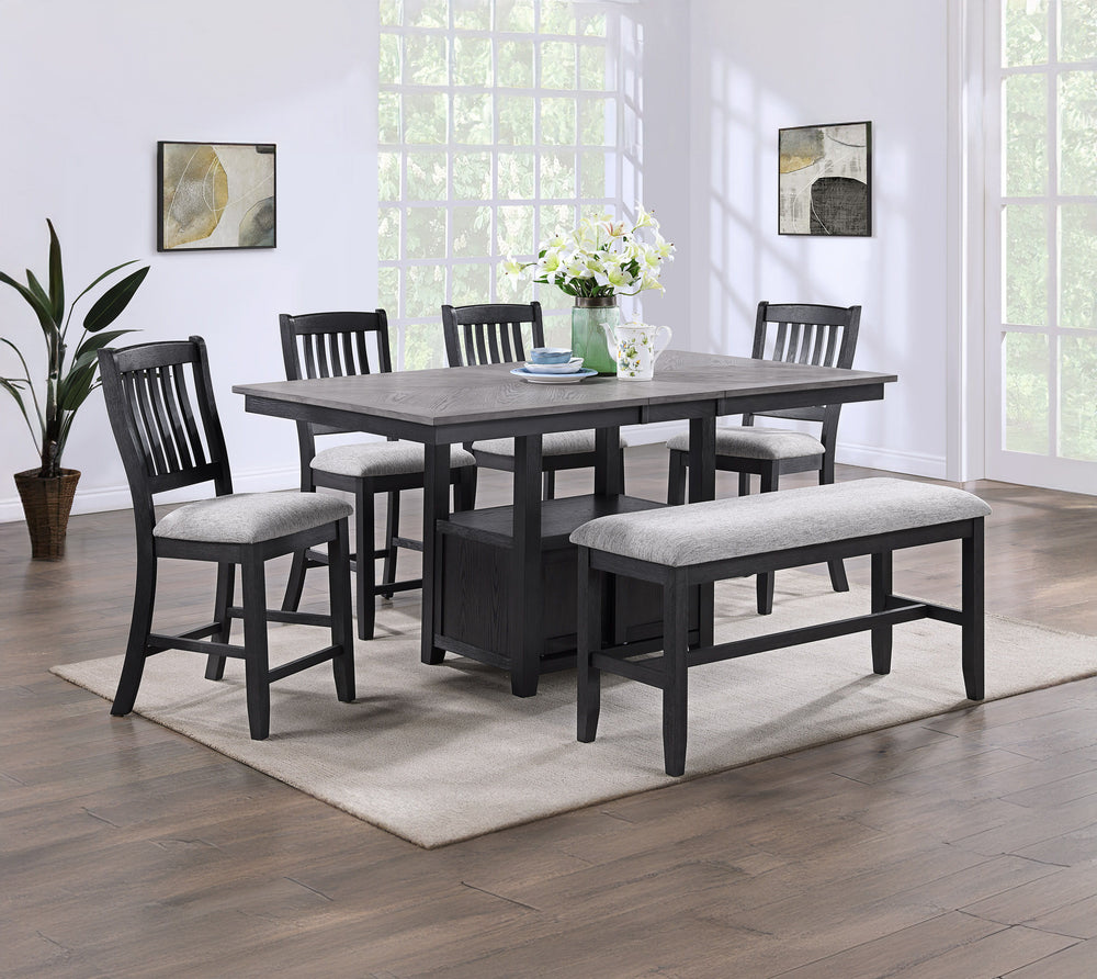 Experience the fusion of contemporary flair with classic comfort in this sleek dining ensemble. Boasting a deep charcoal finish with striking wood grain detail, this set is an emblem of modern sophistication. The plush, light-gray cushioned seating offers