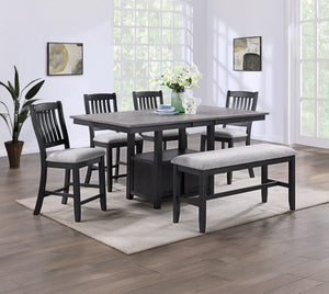 Experience the fusion of contemporary flair with classic comfort in this sleek dining ensemble. Boasting a deep charcoal finish with striking wood grain detail, this set is an emblem of modern sophistication. The plush, light-gray cushioned seating offers