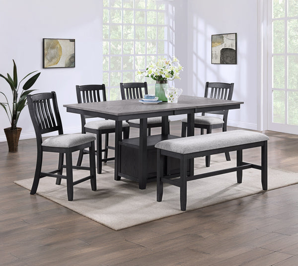 Experience the fusion of contemporary flair with classic comfort in this sleek dining ensemble. Boasting a deep charcoal finish with striking wood grain detail, this set is an emblem of modern sophistication. The plush, light-gray cushioned seating offers