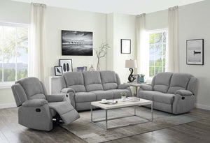 Premium design and elegant style in gray fabric upholstery define the Zorina reclining sofa set. This blend of art and precision engineering is pleasing to the eye and touch. Each piece of this set is individually upholstered with SOFT fabric upholstery a