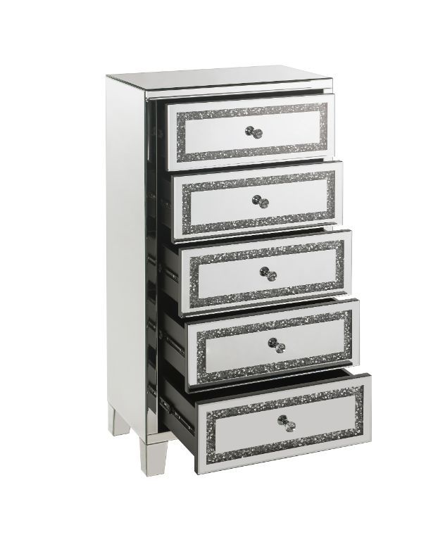The Noor Cabinet will add a contemporary touch to any room in your home. With its clean lines and faux diamond inlay, this brilliant cabinet showcases a distinctive style for an intriguing look. The cabinet features five storage drawers with safety stop a