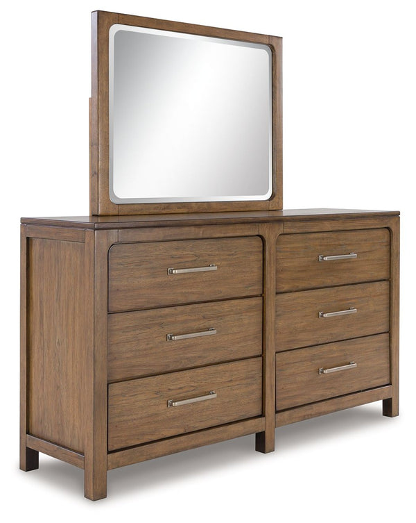 This dresser with mirror sits comfortably at the intersection of modern lodge and farmhouse aesthetics. Your warm and welcoming disposition is reflected in the charming architectural elements and light brown glazed finish. Even with its poise, the piece r
