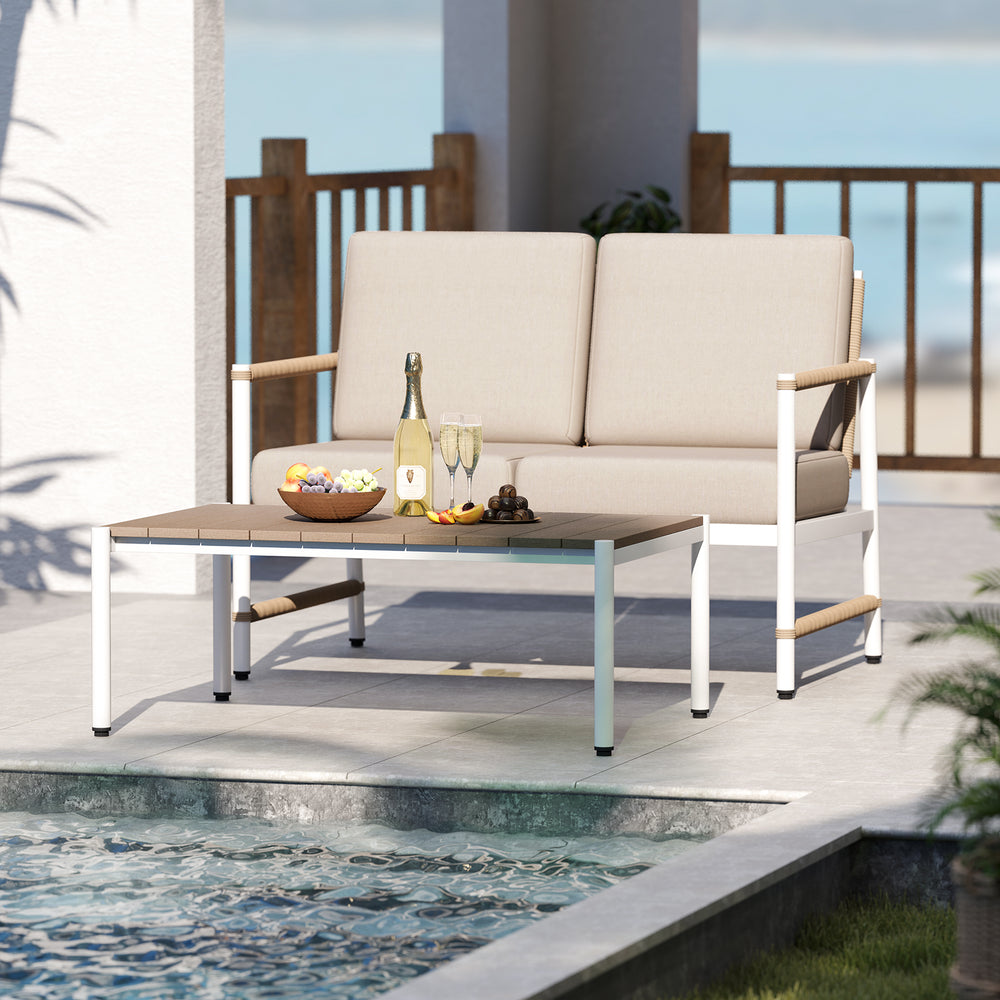 Reinforced aluminum frames for durability  rust-resistance and lighter weight<br>Slatted PS tabletop prevents pooling and is easy to clean<br>Stylish and cozy loveseat with comfortable armrests<br>Round PE rattan backrest improves the look of your outdoor