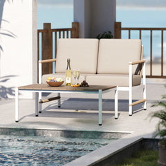 Reinforced aluminum frames for durability  rust-resistance and lighter weight<br>Slatted PS tabletop prevents pooling and is easy to clean<br>Stylish and cozy loveseat with comfortable armrests<br>Round PE rattan backrest improves the look of your outdoor