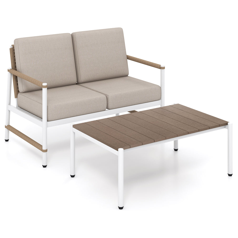 Reinforced aluminum frames for durability  rust-resistance and lighter weight<br>Slatted PS tabletop prevents pooling and is easy to clean<br>Stylish and cozy loveseat with comfortable armrests<br>Round PE rattan backrest improves the look of your outdoor
