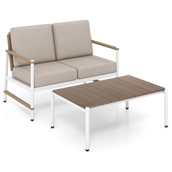 Reinforced aluminum frames for durability  rust-resistance and lighter weight<br>Slatted PS tabletop prevents pooling and is easy to clean<br>Stylish and cozy loveseat with comfortable armrests<br>Round PE rattan backrest improves the look of your outdoor